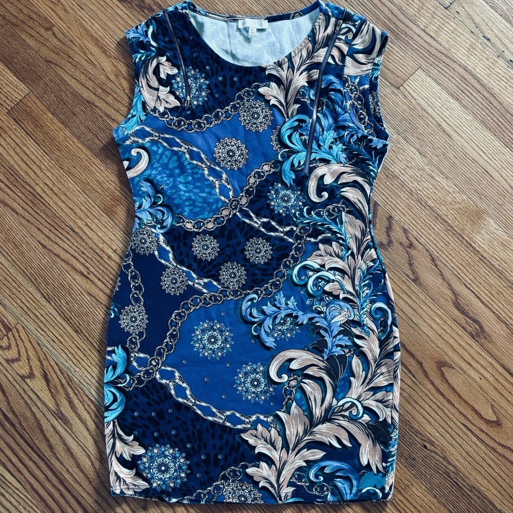 Nicki Minaj Body Con Women's Size XLarge Blue Paisley Print Floral Zipper Accent
